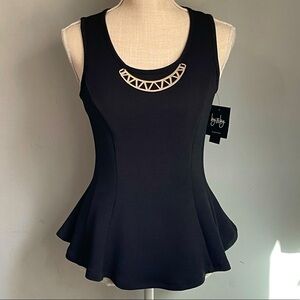 BY & BY black sleeveless top w/ gold metal accent at neckline & ruffle bottom; S
